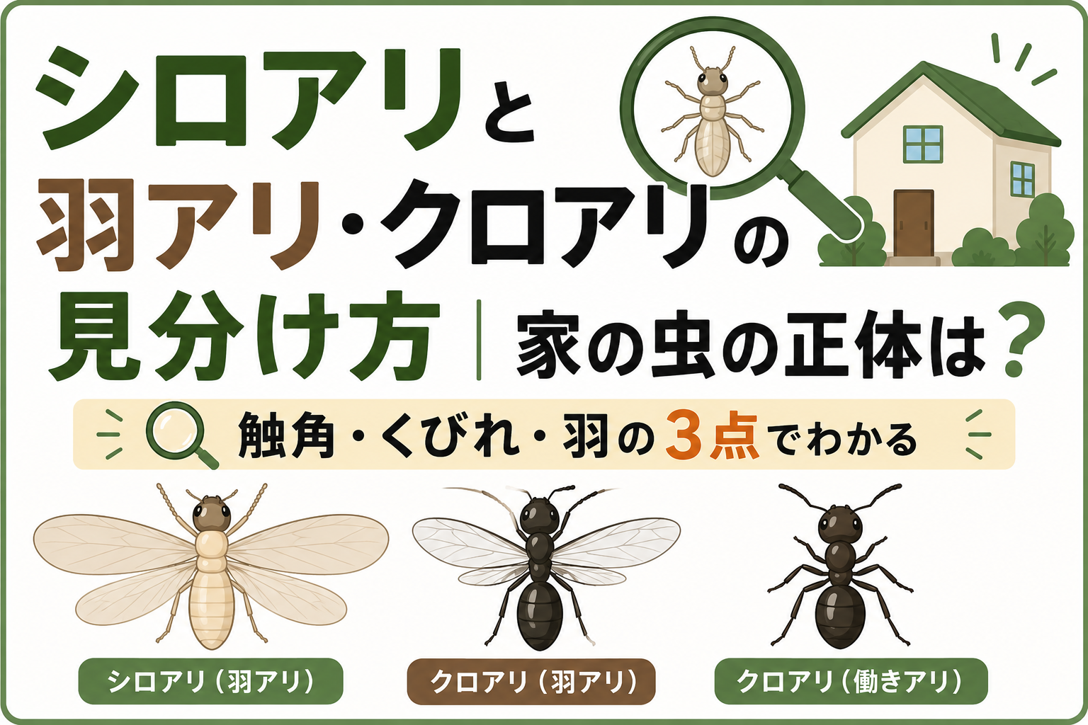 シロアリと羽アリ・クロアリの見分け方｜家で見つけた虫の正体は？