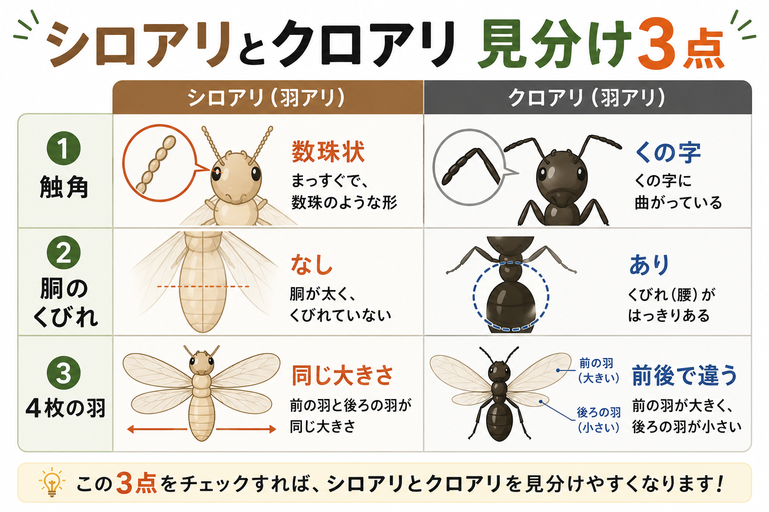 シロアリとクロアリの見分け3点（触角・胴のくびれ・羽）