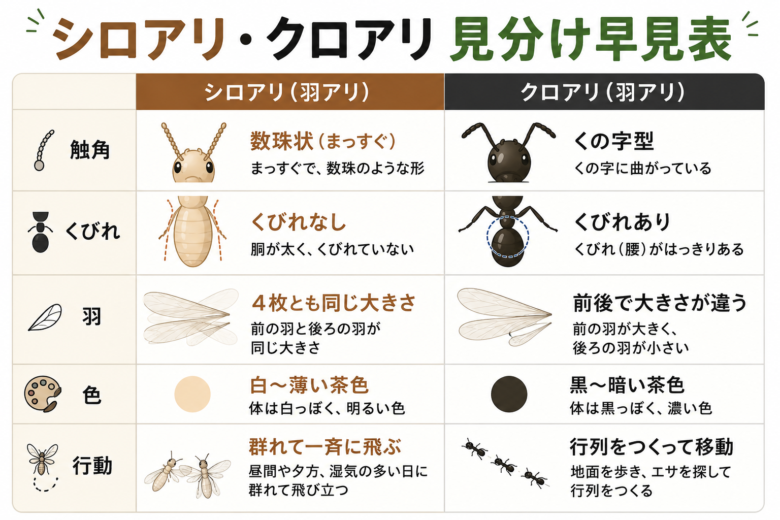 シロアリとクロアリの見分け早見表