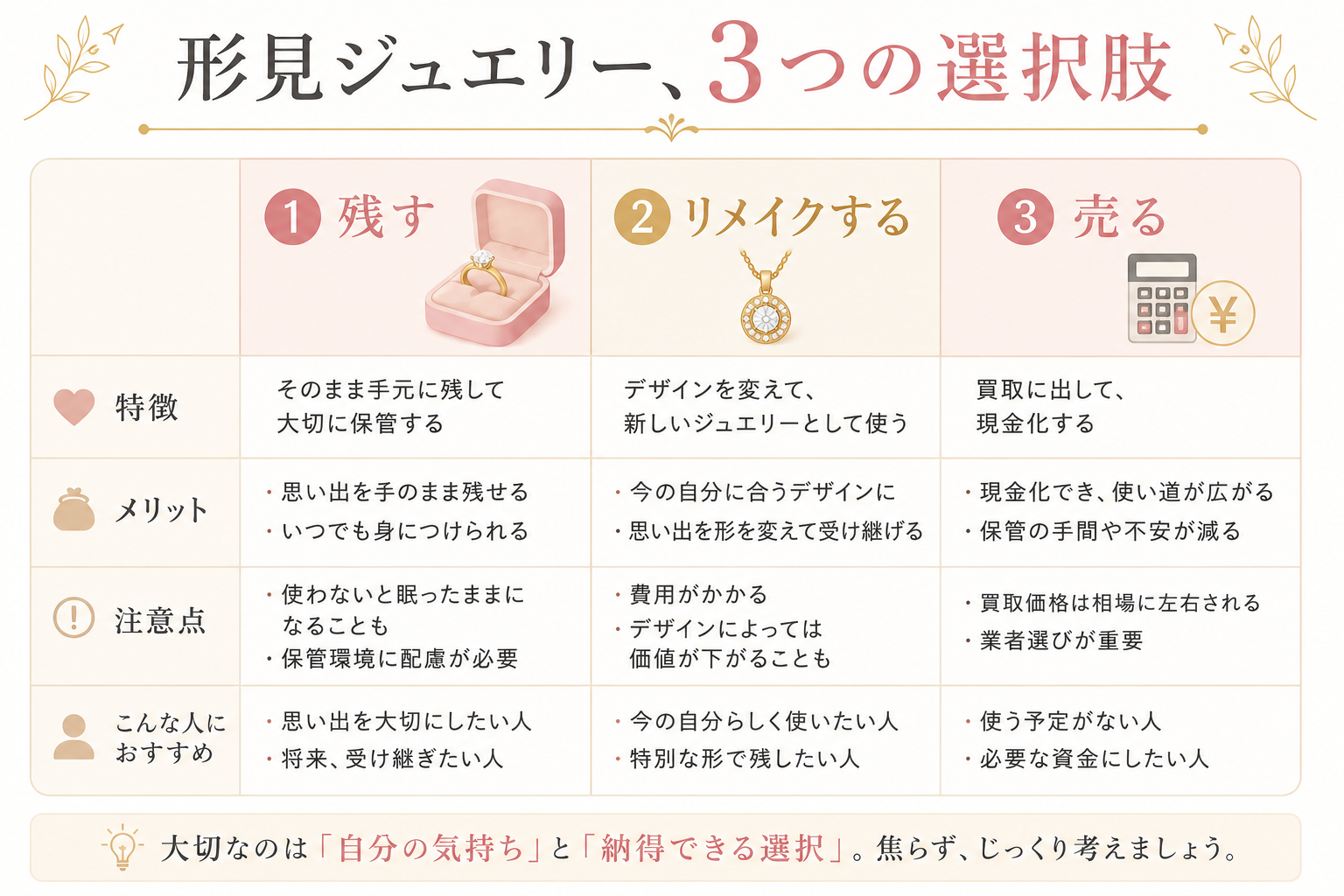 形見ジュエリーの3つの選択肢（残す・リメイク・売る）の比較