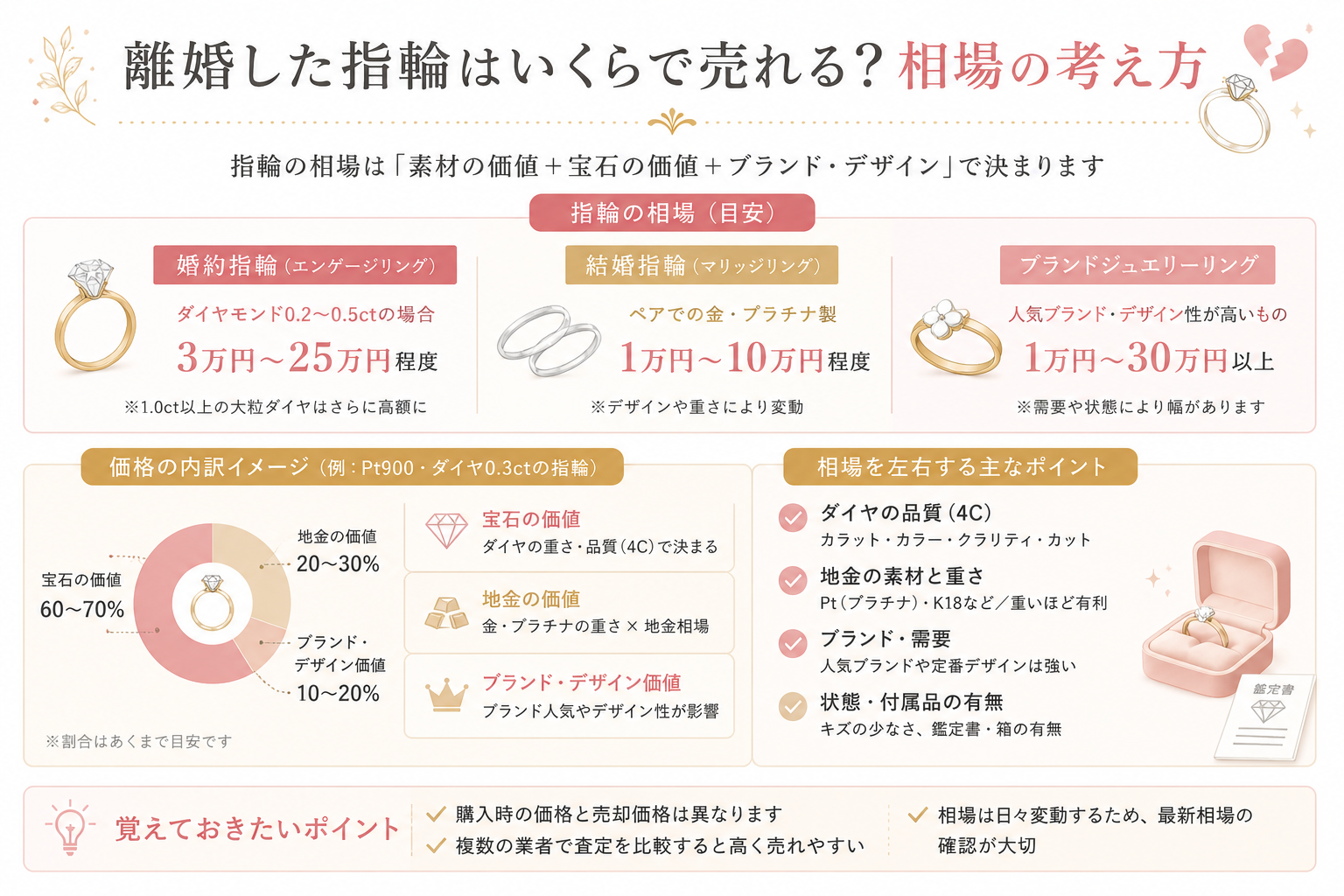 離婚した指輪はいくらで売れる？相場の考え方と価格の内訳