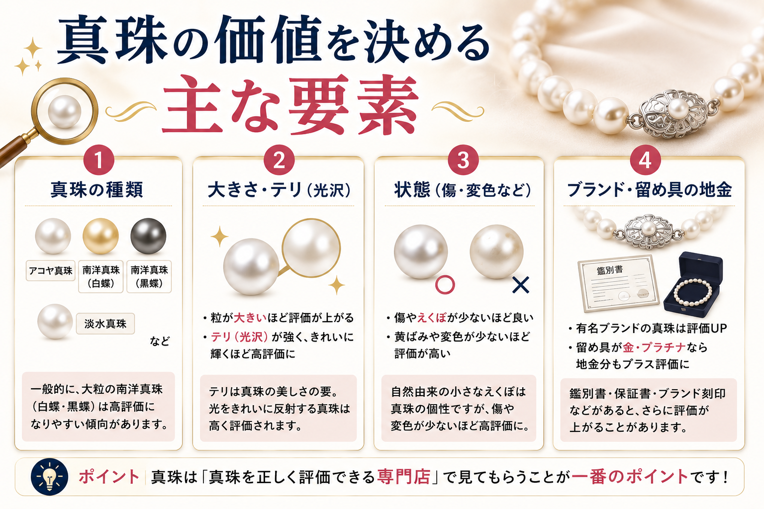 真珠の価値を決める主な要素（大きさ・テリ・状態・ブランド）