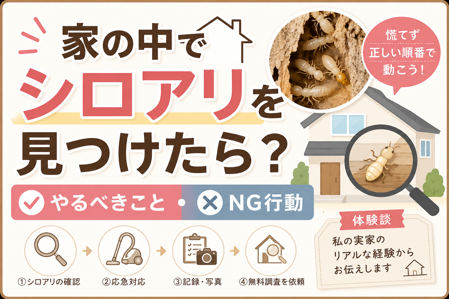 家の中でシロアリを見つけたら？やるべきこと・NG行動【体験談】