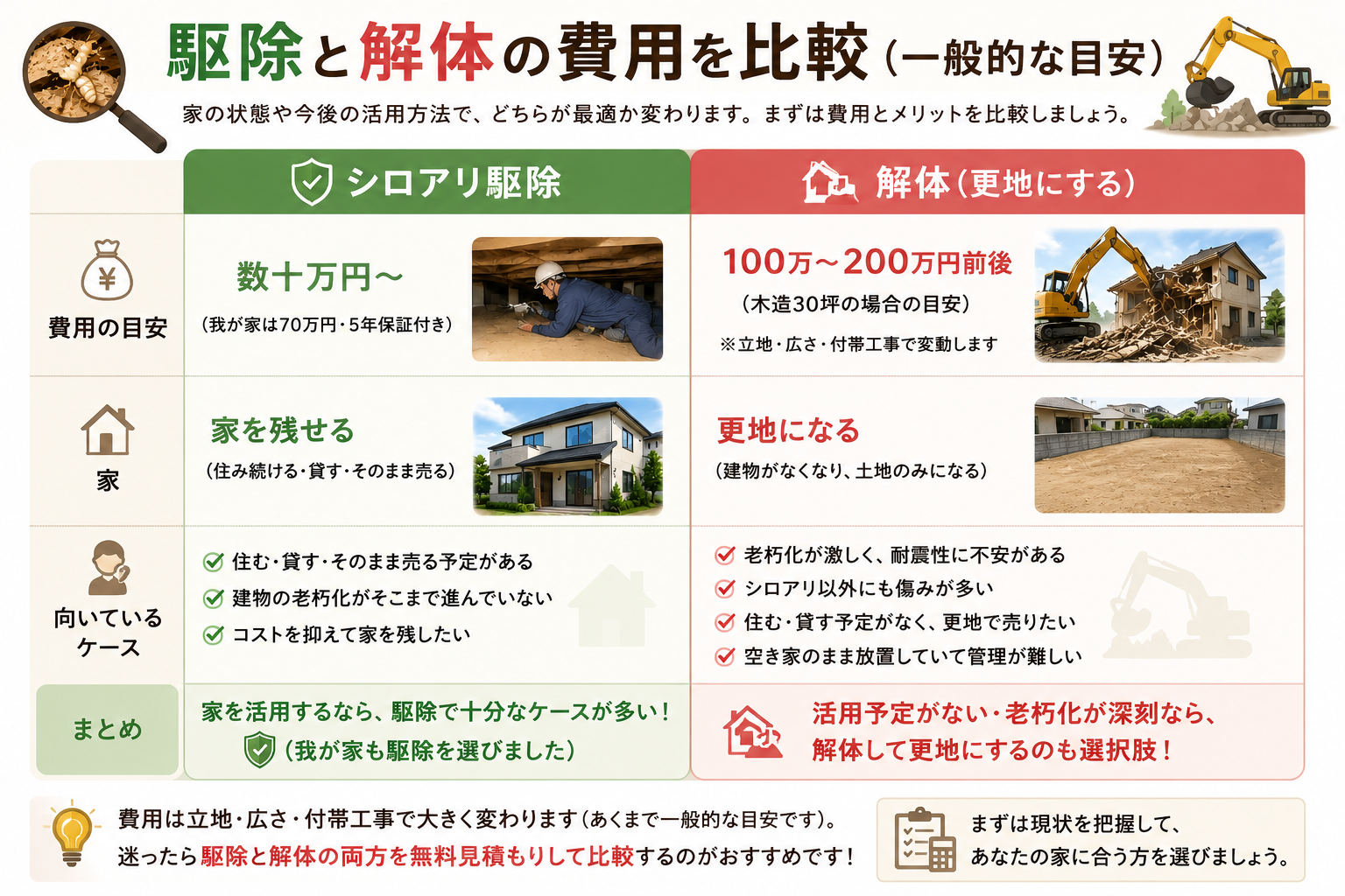 シロアリ駆除（数十万）と解体（100〜200万）の費用比較。住むか活用するかで判断を。