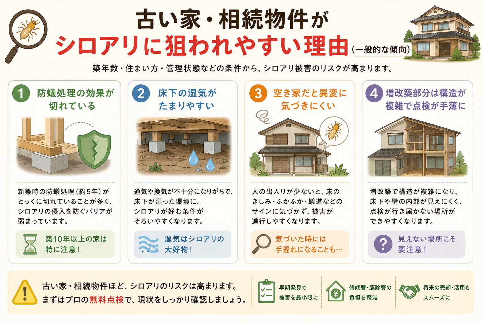 床下の湿気・古い木材など、古い家や相続物件がシロアリに狙われやすい理由です。