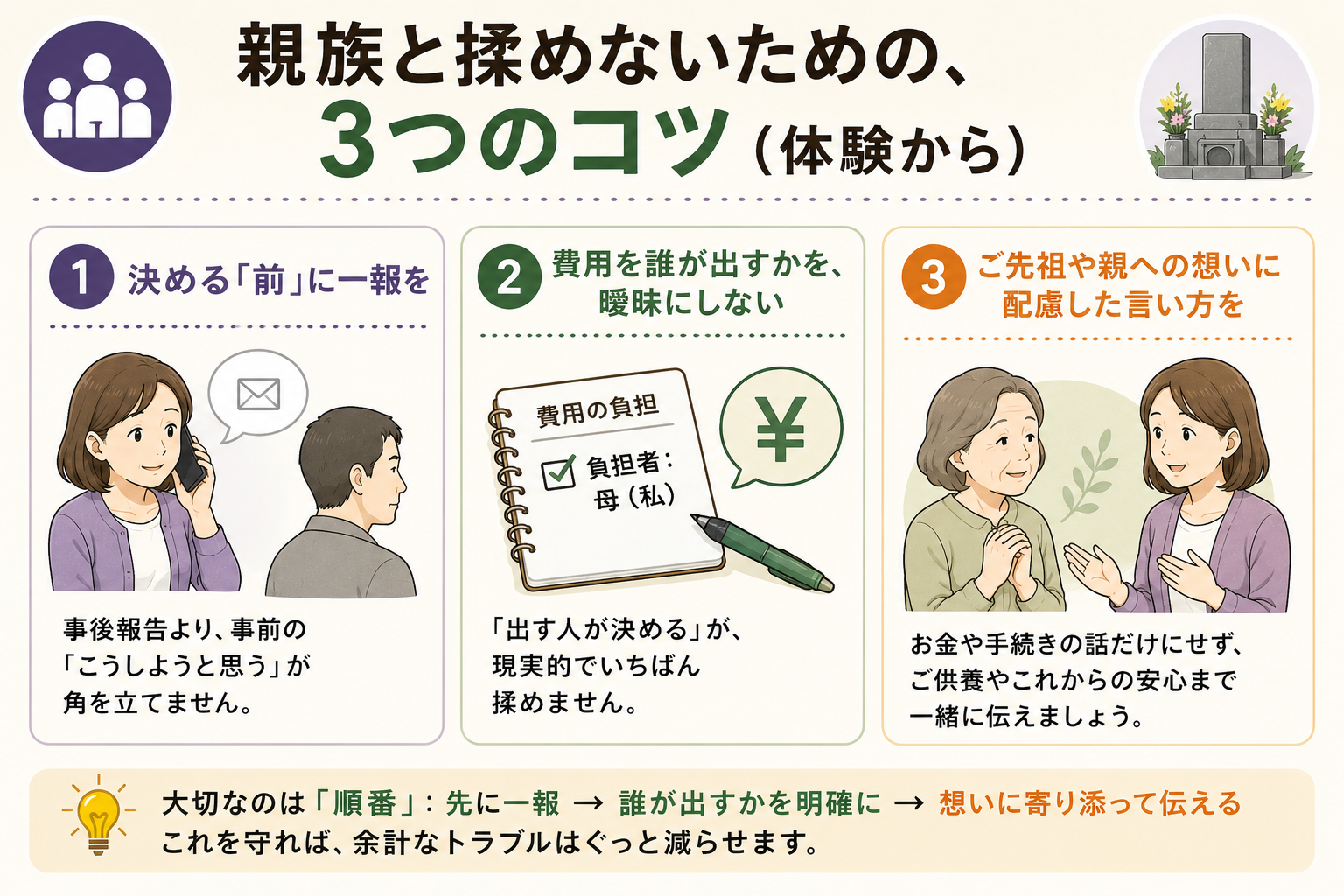 事前に一報・費用を曖昧にしない・感謝を伝える。親族と揉めないための3つのコツです。