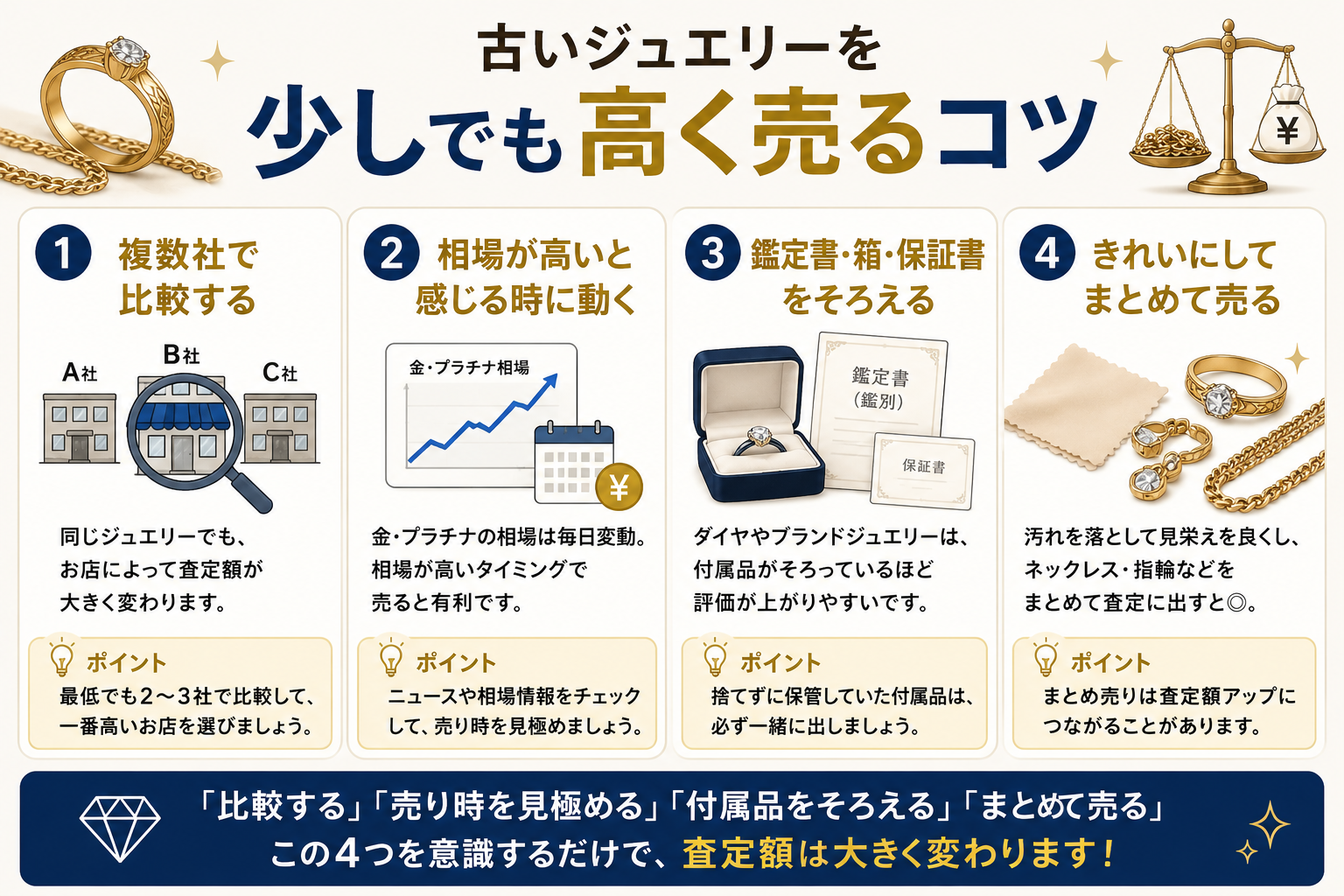 相場が高い今に動く・鑑定書や付属品をそろえる。古いジュエリーも高く売るコツです。
