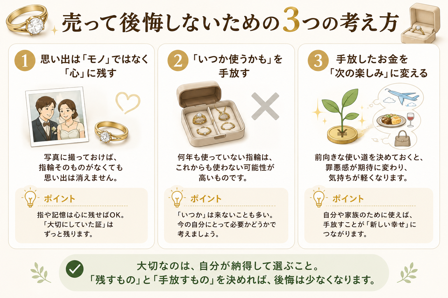 使わないなら眠らせる方がもったいない・結婚指輪は残す・次の人へ。後悔は少なくなります。