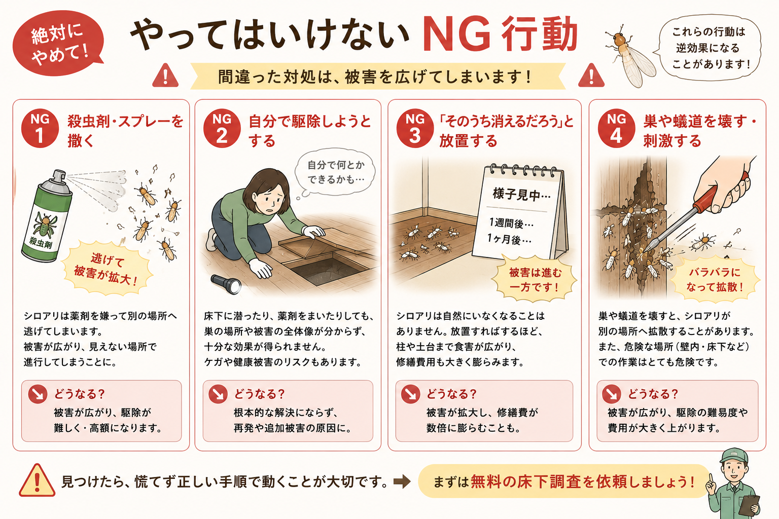 殺虫剤を撒く・自分で駆除・放置はNG。被害を広げる行動に注意です。