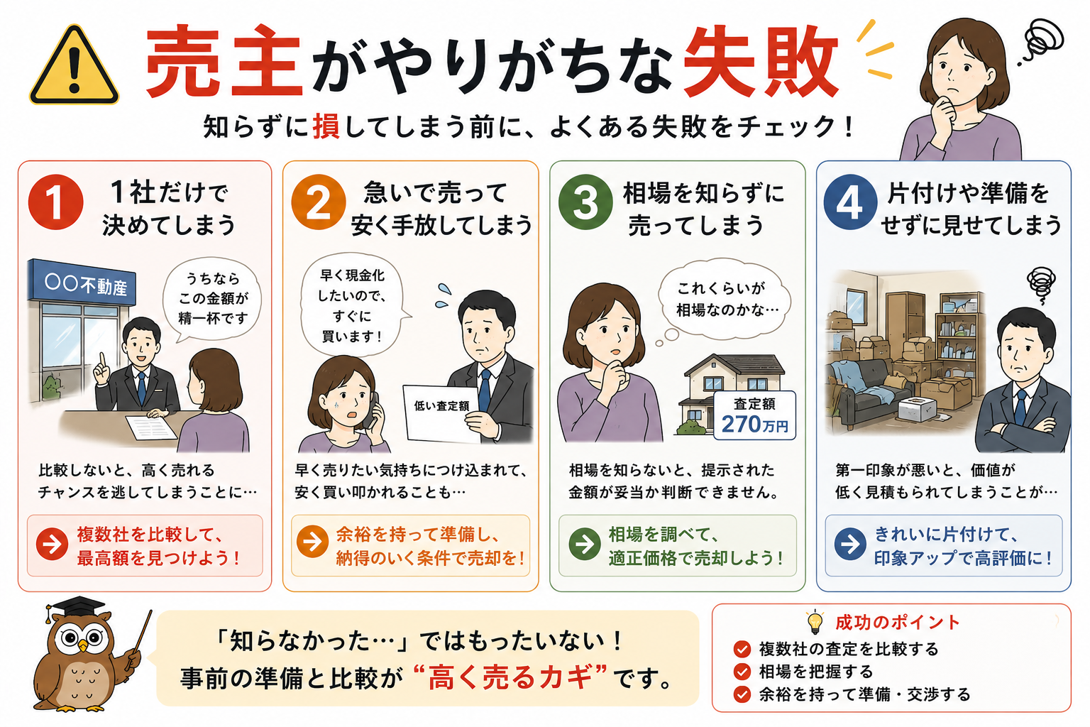 1社だけで決める・急いで売る・相場を知らない。売主がやりがちな失敗です。