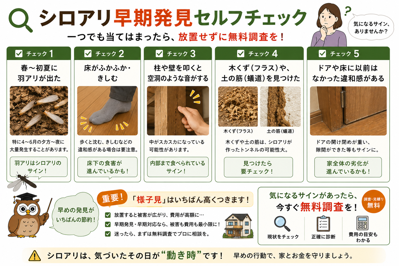 床のふかふか・木くず・羽アリ…早期発見セルフチェック。気づいたらすぐ無料調査を。