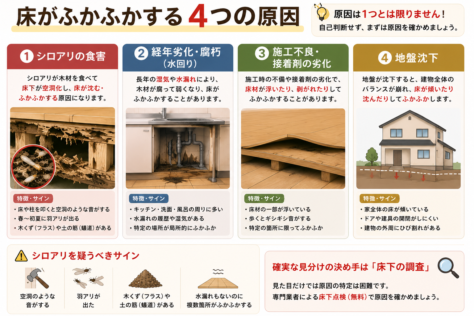 床のふかふかはシロアリ以外も原因に。①シロアリ食害 ②経年劣化・腐朽 ③施工不良 ④地盤沈下の4つと見分け方。