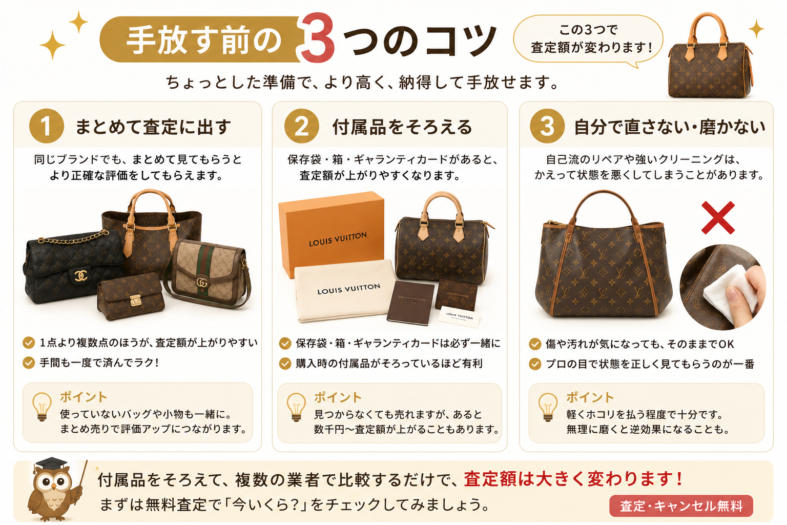 まとめて査定に出す／付属品を揃える／自分で直さない・磨かない。この3つで査定額が変わります。