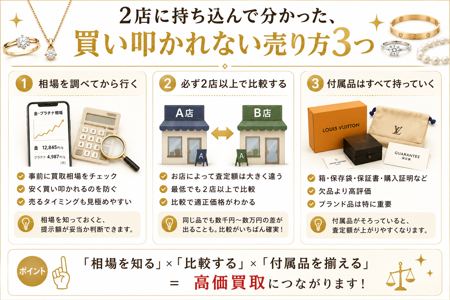 相場を知る×必ず2店以上で比較×付属品を揃える。この3つで買い叩かれず、高価買取につながります。