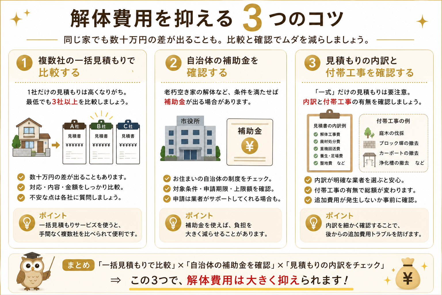 複数社の一括見積もりで比較／自治体の補助金を確認／見積もりの内訳・付帯工事を確認。この3つで解体費用を抑えられます。