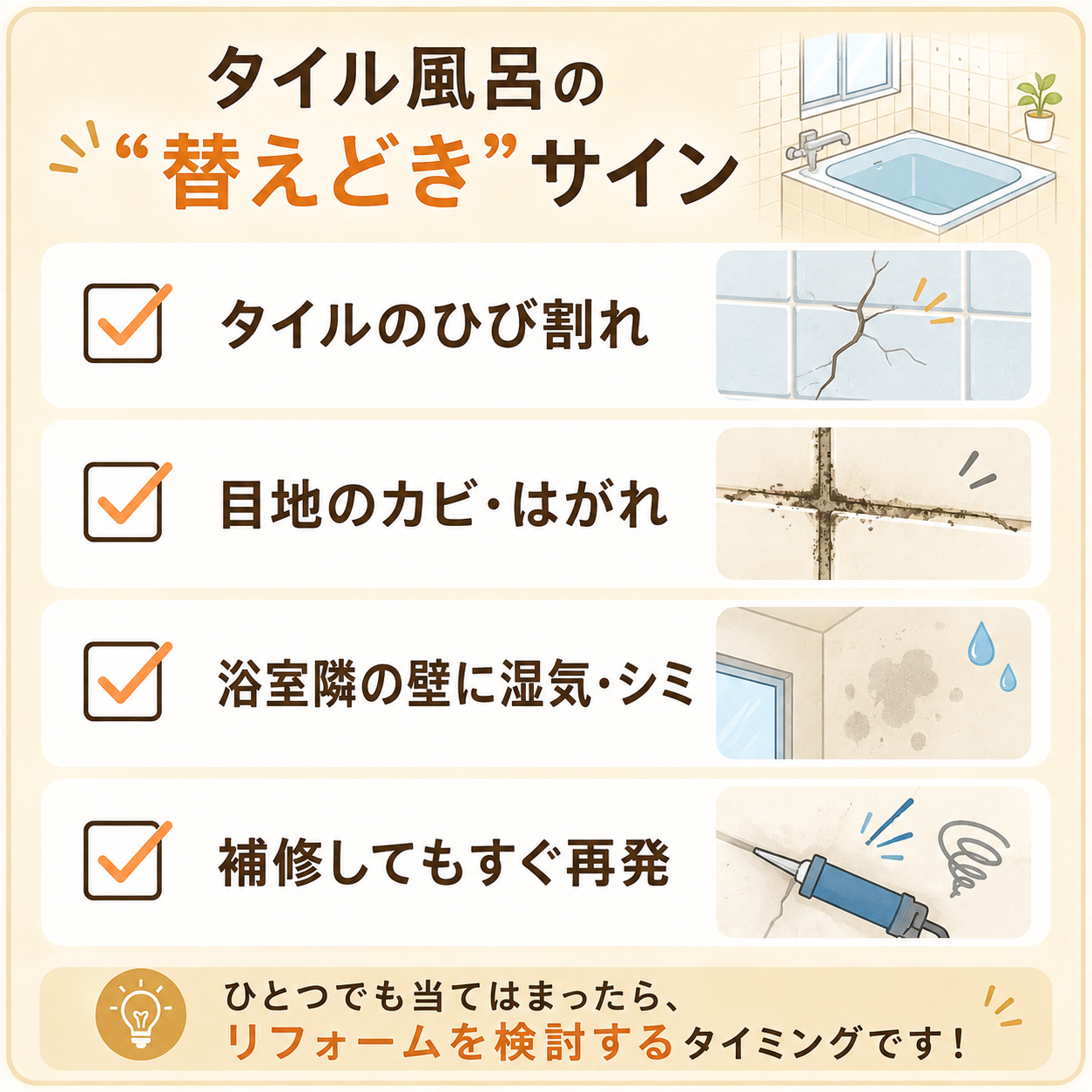 タイル風呂の替えどきサイン（ひび割れ・カビ・湿気・補修の再発）