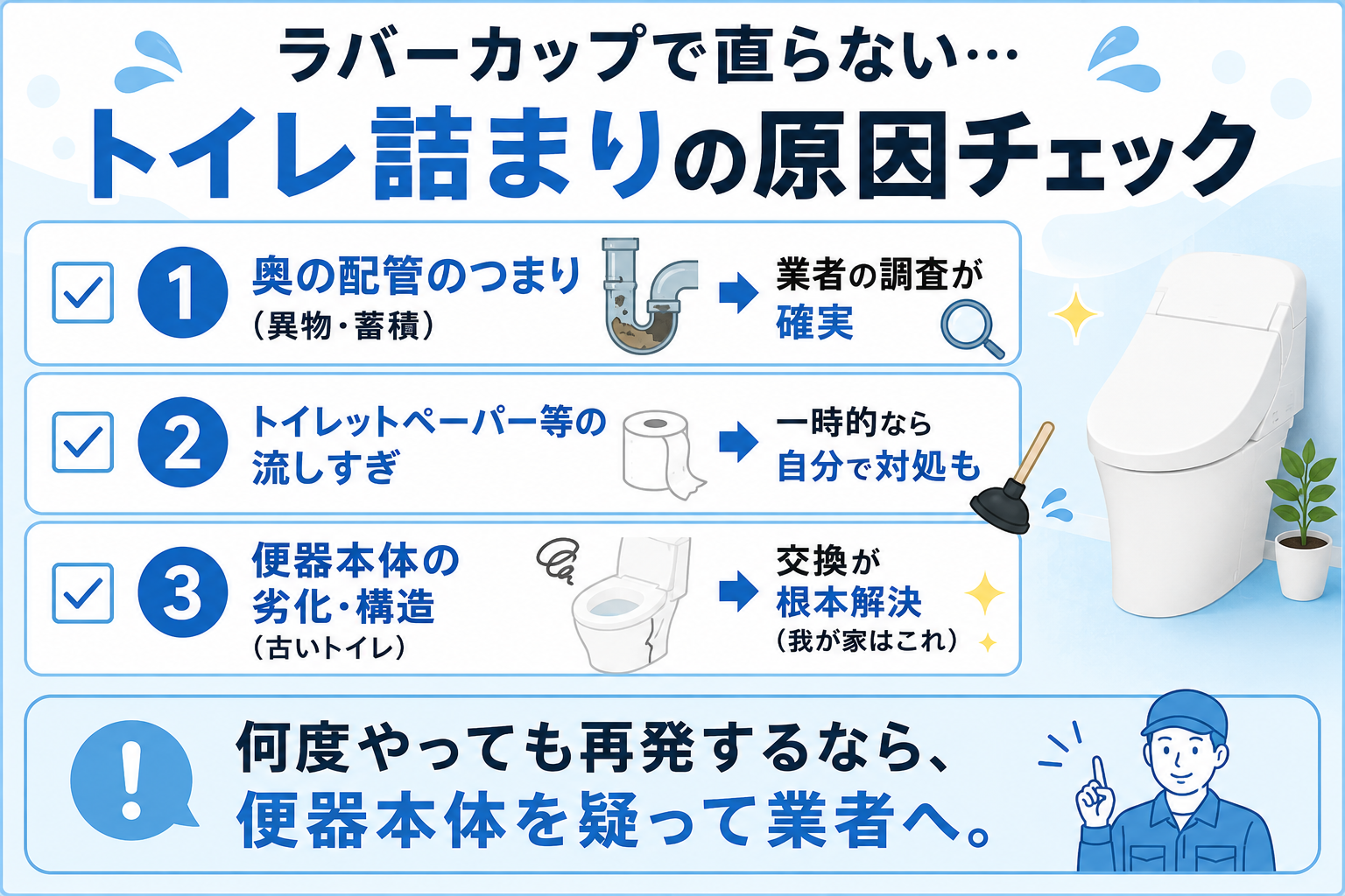 ラバーカップで直らない詰まりの原因チェック。何度も再発するなら便器本体を疑って。