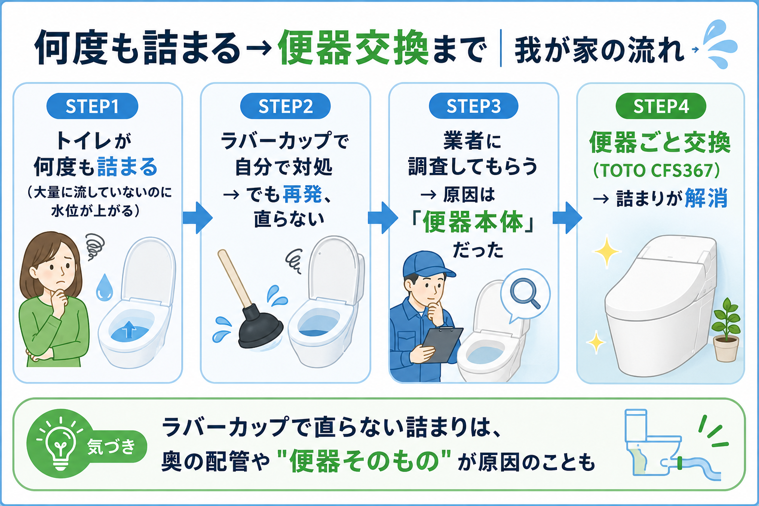 詰まる→ラバーカップ→業者→原因は便器本体→便器交換、までの流れ。