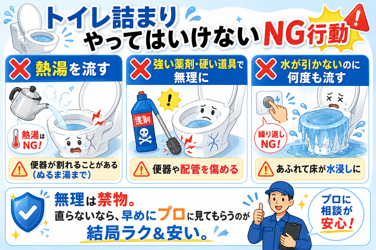 トイレ詰まりでやってはいけないNG行動。
