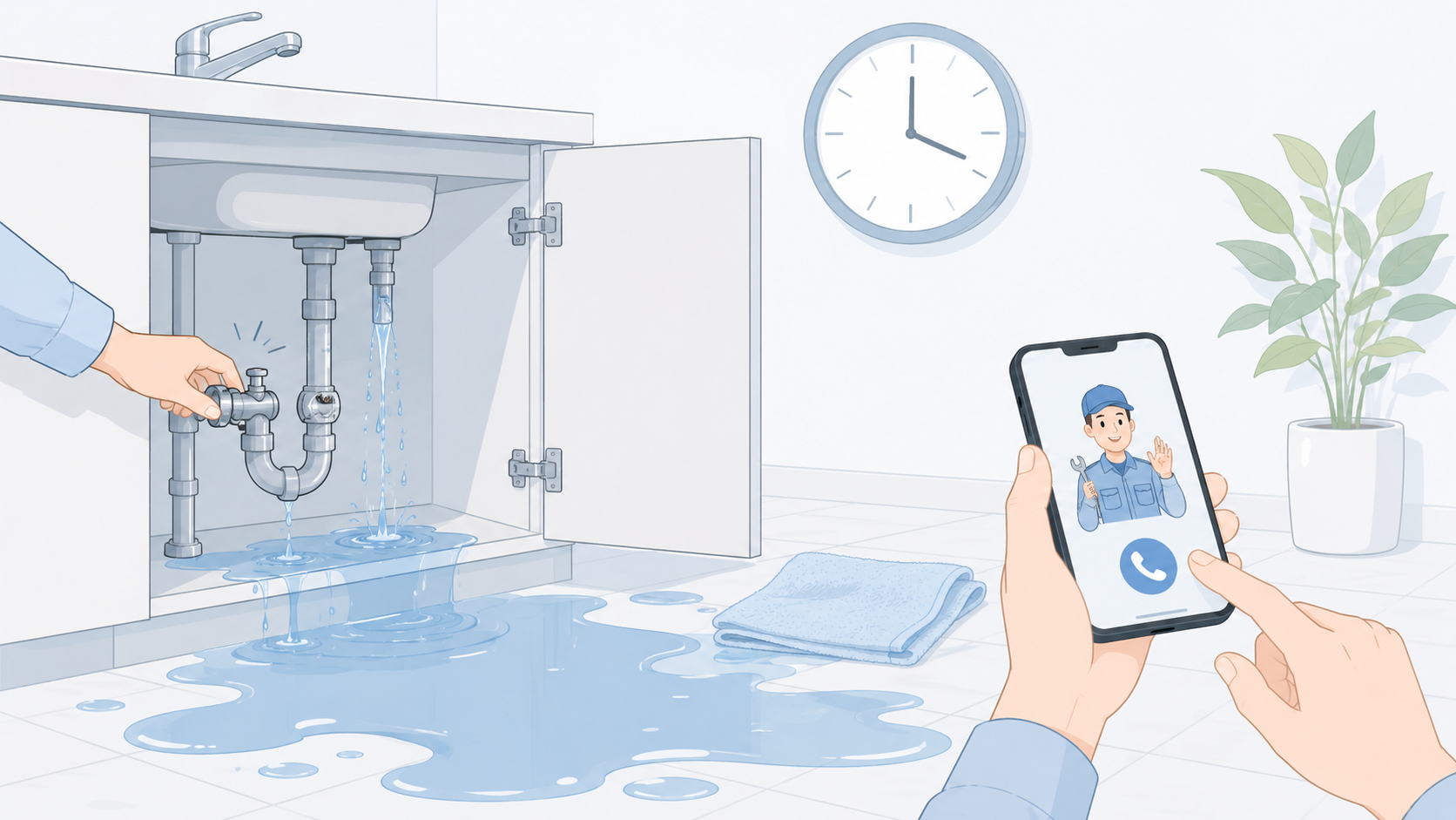 水漏れがひどく業者に電話する場面