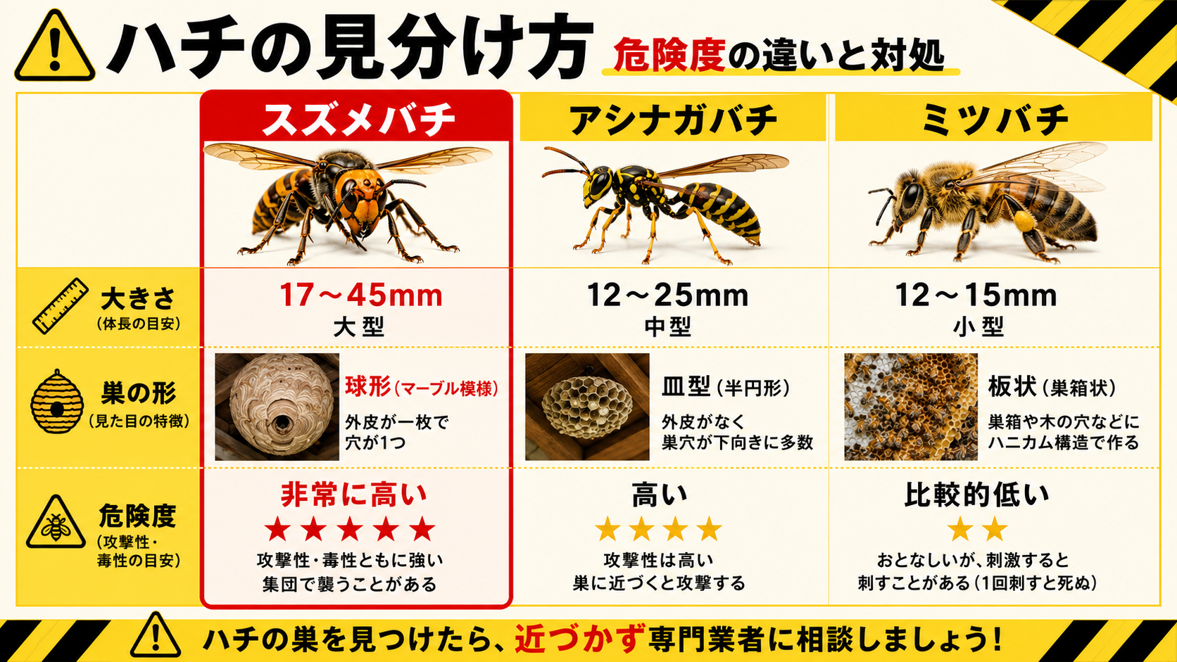 スズメバチ・アシナガバチ・ミツバチの見分け方の比較図