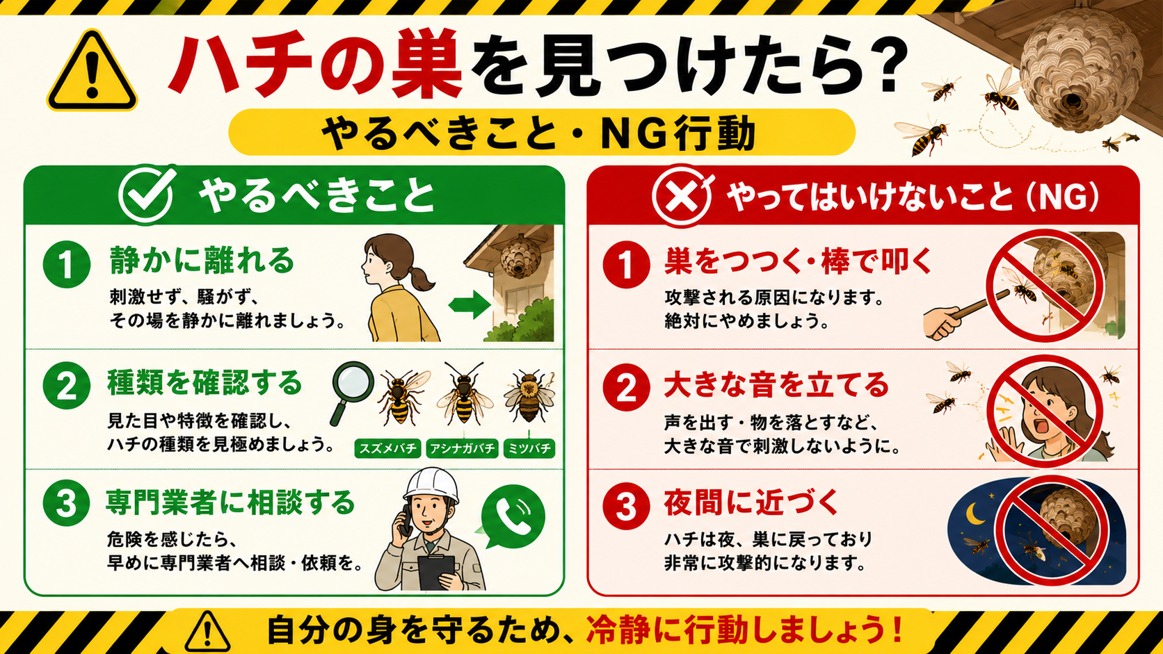ハチの巣を見つけたときのやるべきこと・NG行動の図解