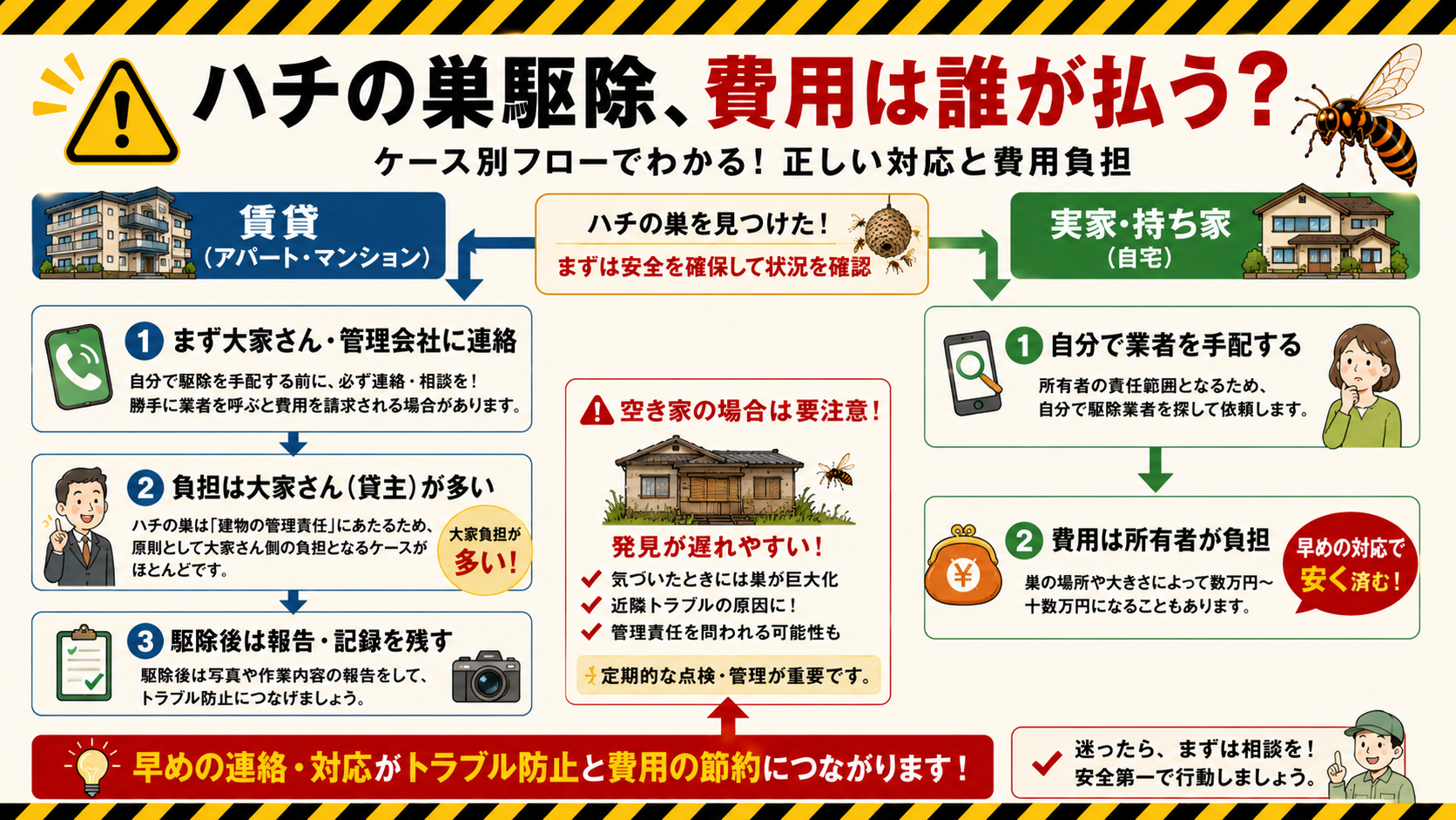 賃貸・実家のハチの巣の費用負担フロー図