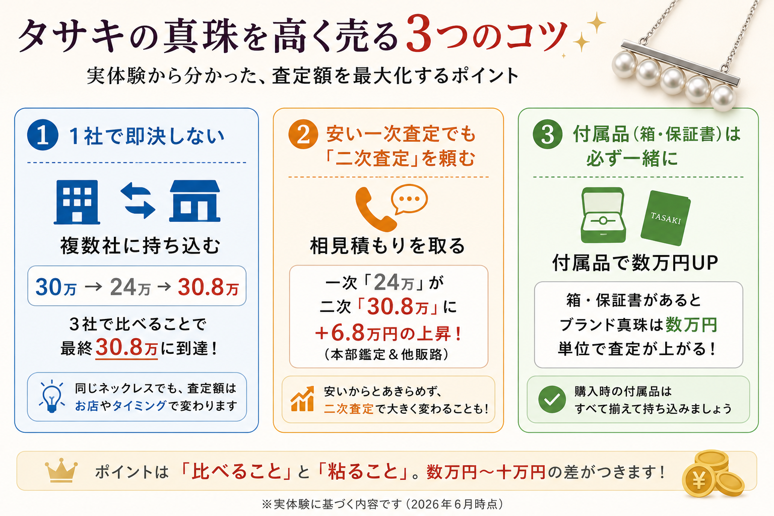 タサキの真珠を高く売る3つのコツ（1社で即決しない・二次査定を頼む・付属品は一緒に）