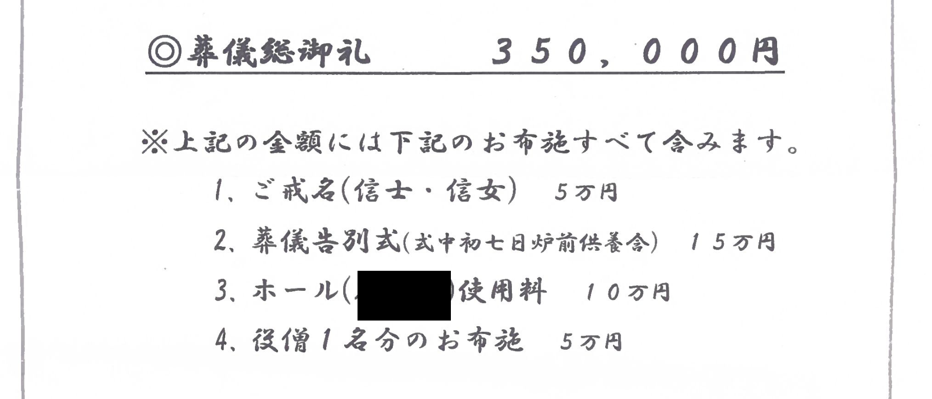 実際の布施目録（金額のみ）