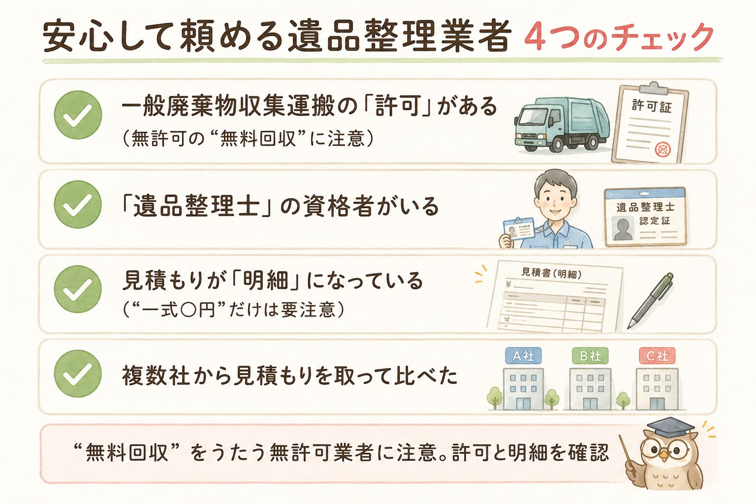 安心して頼める遺品整理業者の4つのチェック（許可・遺品整理士・明細見積もり・相見積もり）
