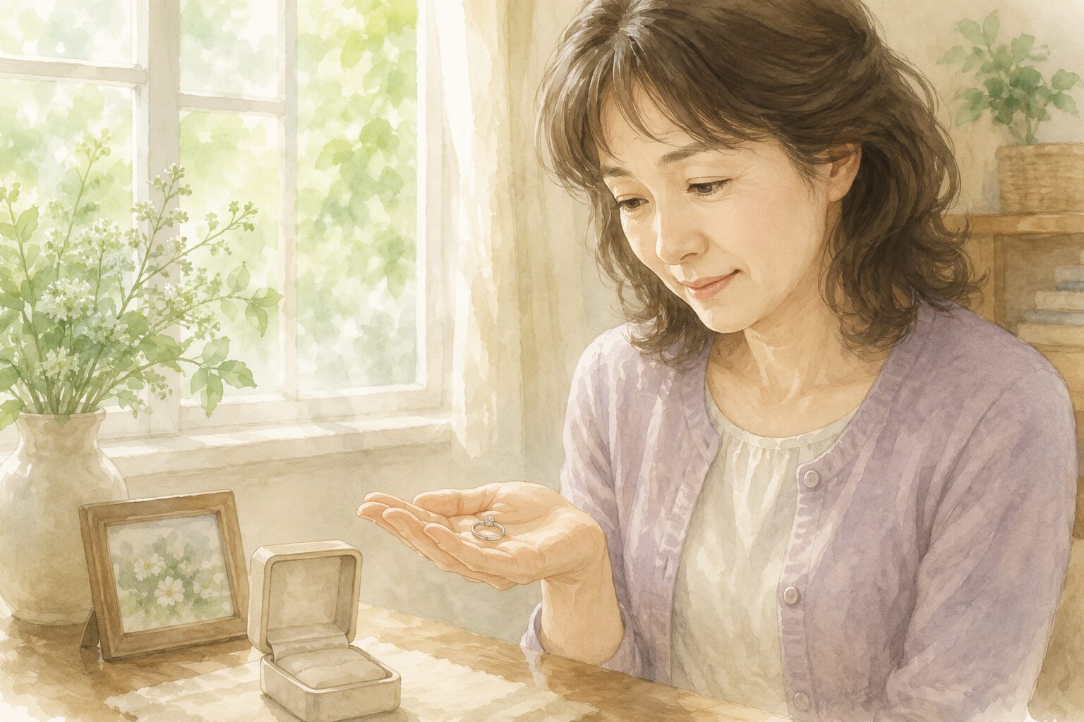 窓辺で形見の指輪をそっと手に取り見つめる50代女性のイラスト