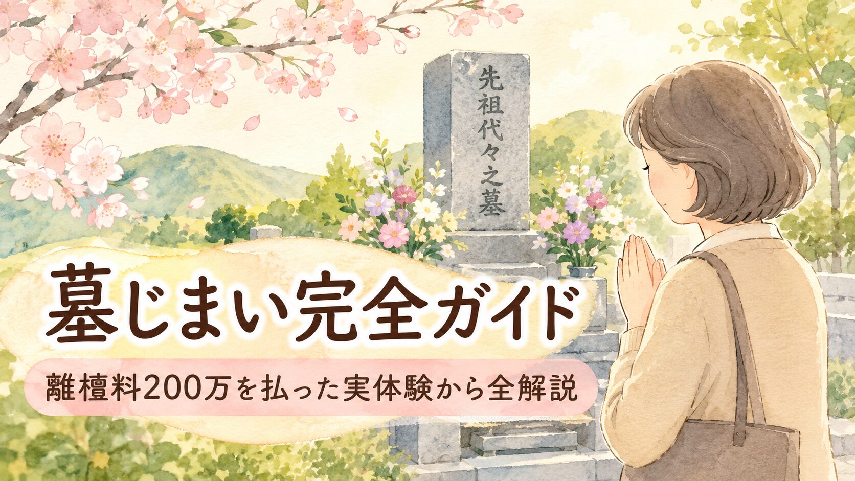 温かい水彩絵本風イラスト：クリーム色の背景に、やさしい表情の女性がお墓の前で手を合わせている。供花がそばに置かれ、柔らかな光が全体を照らしている。中央に大きく「墓じまい完全ガイド」「離檀料200万を払った実体験から全解説」というテキストが焼き込まれている。