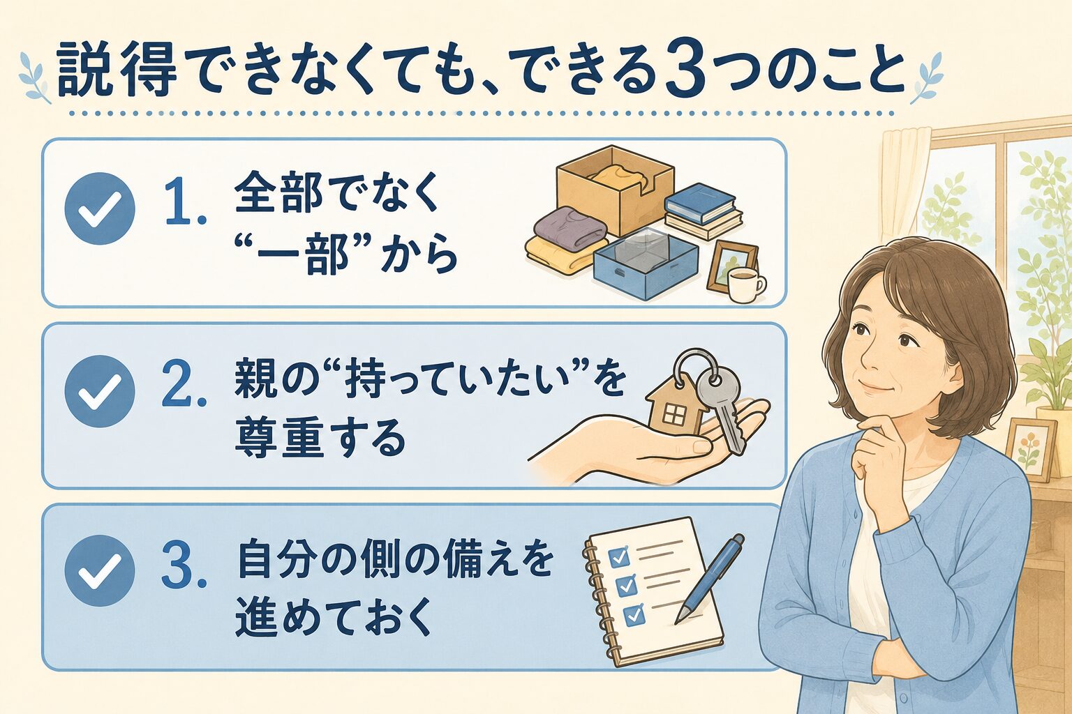 説得できなくても、できる3つのこと：①全部でなく一部から②親の「持っていたい」を尊重する③自分の側の備えを進めておく