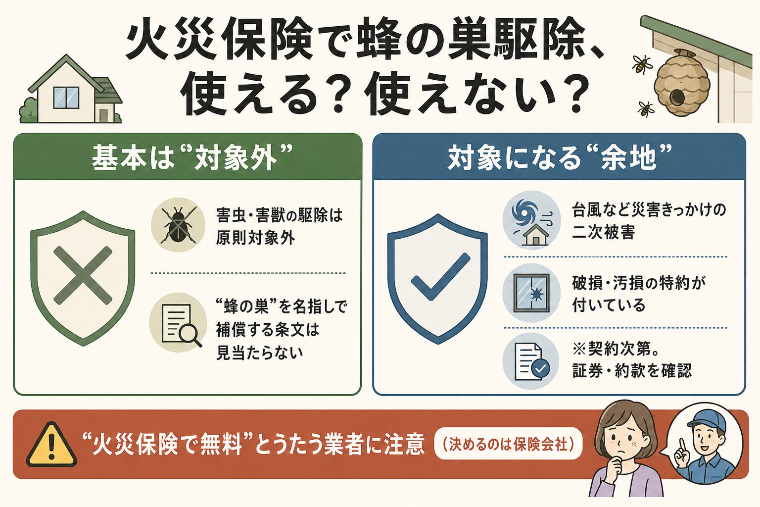 火災保険で蜂の巣駆除は使える？使えない？基本は対象外と、対象になる余地の比較図