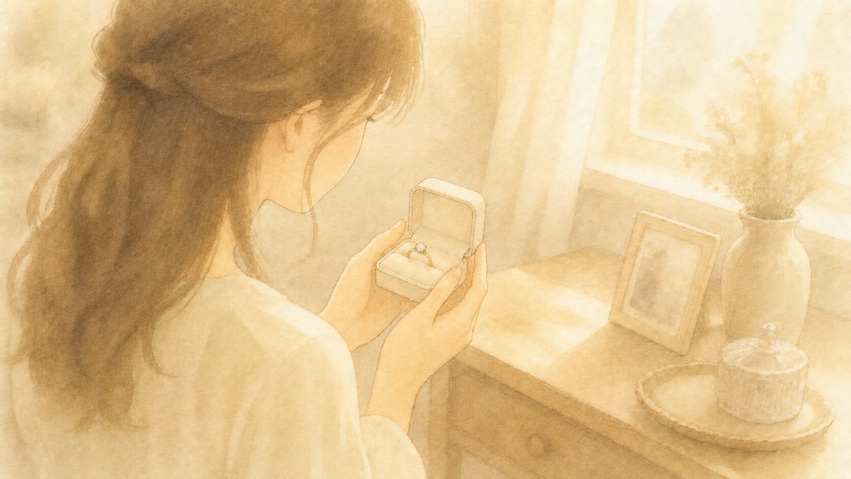 婚約指輪の箱を手に取り見つめるイメージ