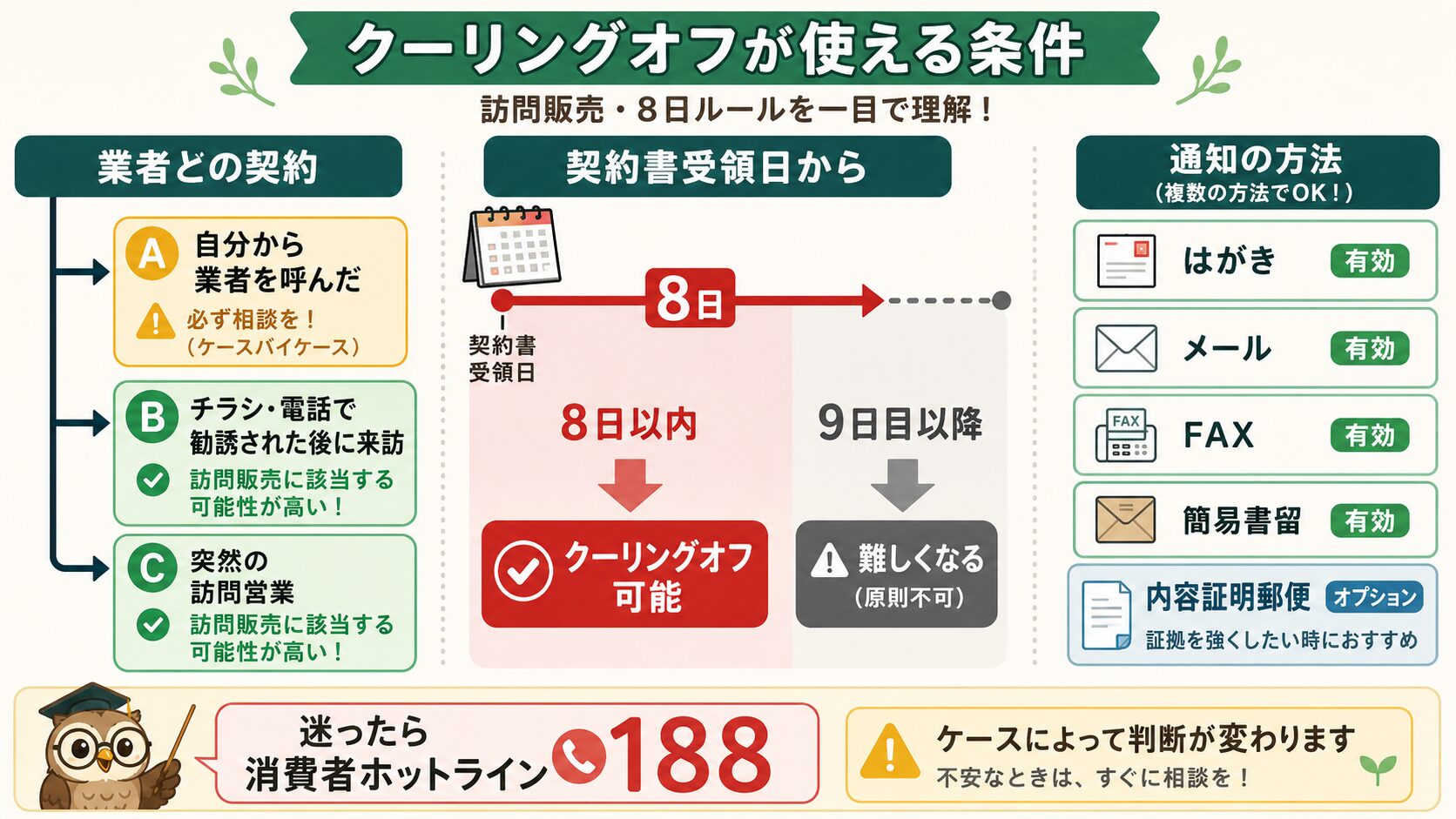 ハチ駆除契約のクーリングオフが使える条件を示すフローチャート