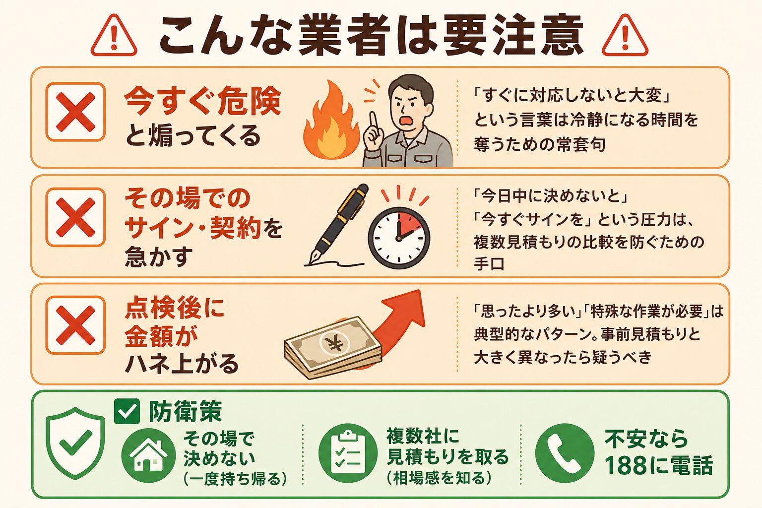 悪徳業者の警戒ポイント3つと対策を示すチェックリスト図解