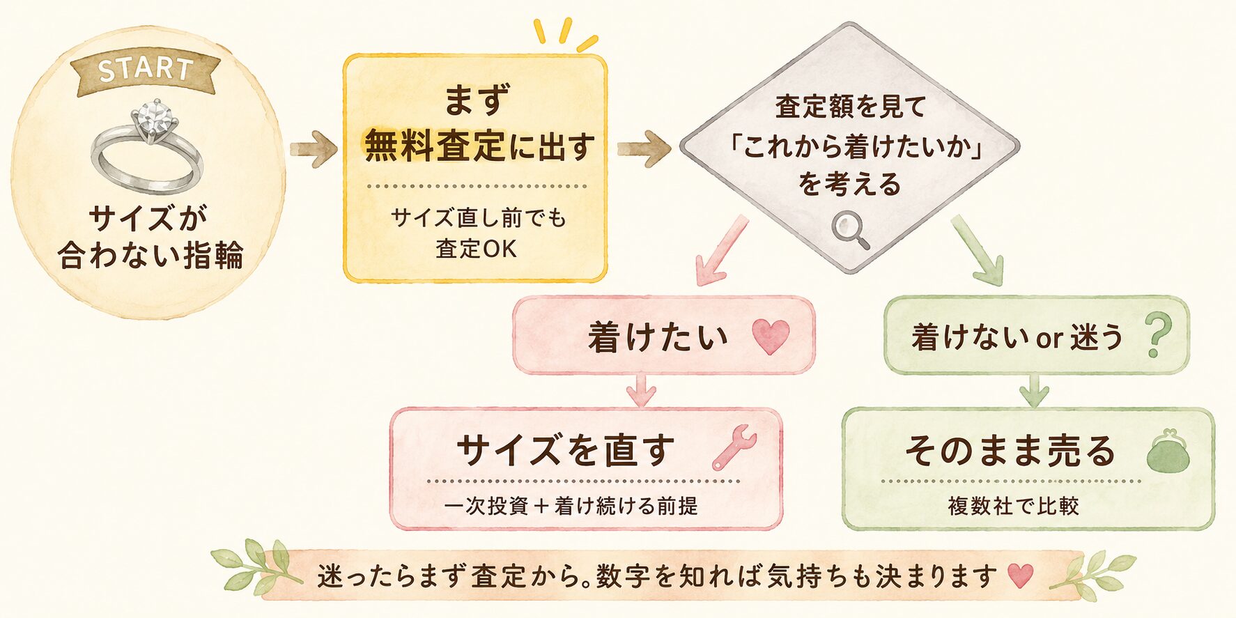 サイズ直しと売却の判断フローチャート