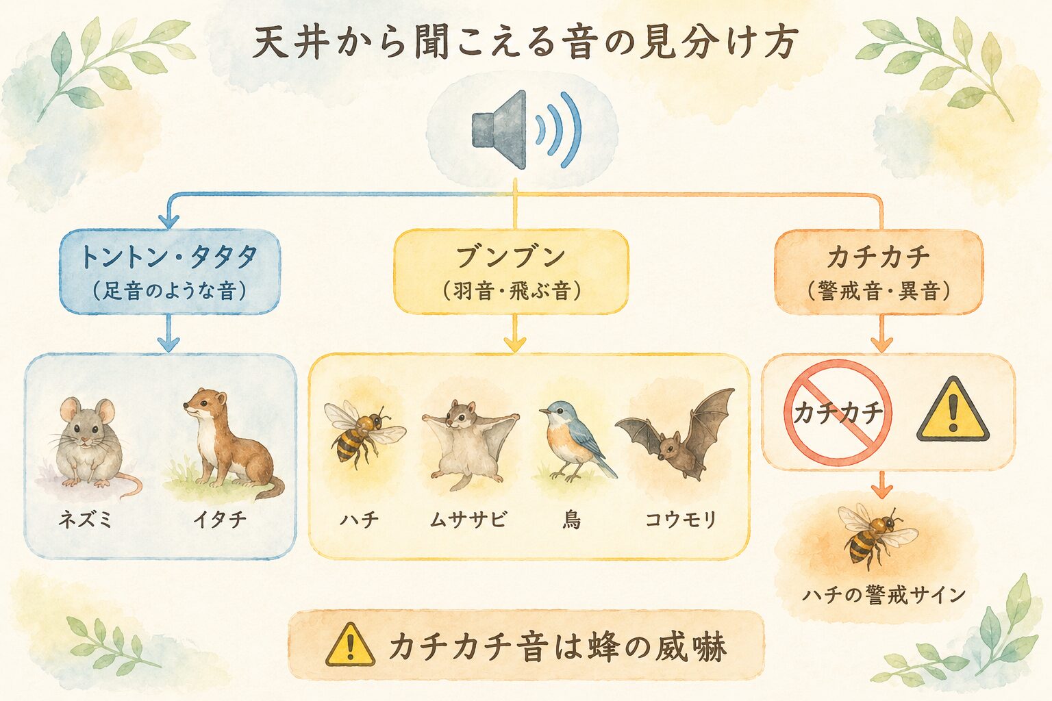 天井裏の音の種類による正体判定フロー