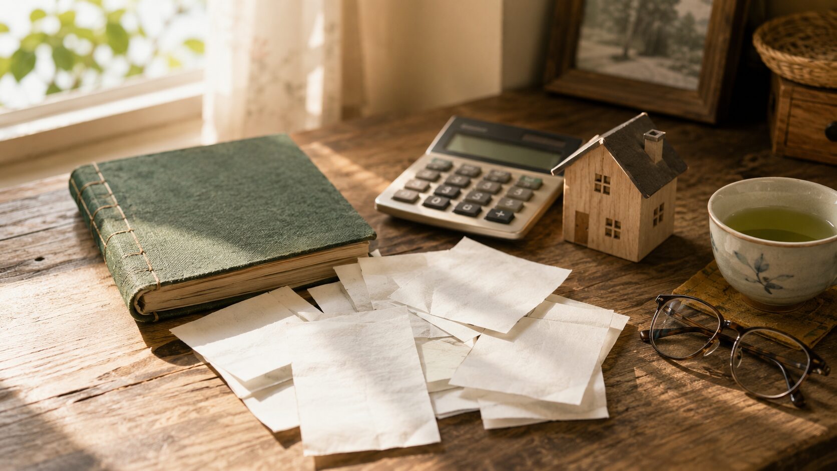 実家じまいの費用を書き出した領収書・家計簿・電卓・小さな家の模型が置かれた朝の机