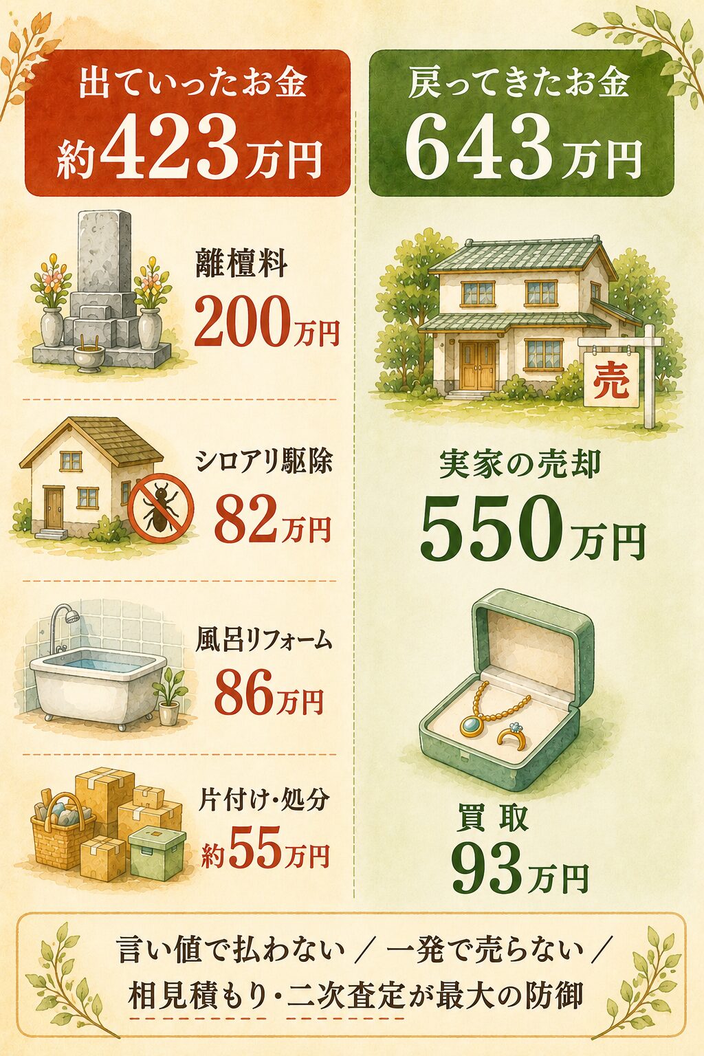 実家じまいで出ていったお金 約423万円と戻ってきたお金 643万円を左右で対比した図解