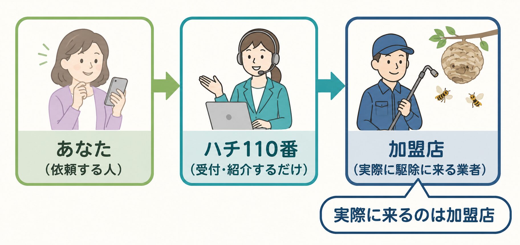 ハチ110番は受付・紹介だけで、実際に駆除に来るのは加盟店という仲介型の仕組みを示した図